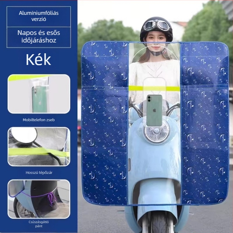 Elektromos motorkerékpár előtti szélvédő esővédő, HD átlátszó membrán, anyag: alumínium fólia + PVC, modell 001, tükrök közötti távolság legfeljebb 85 cm, napvédelem, összecsukható