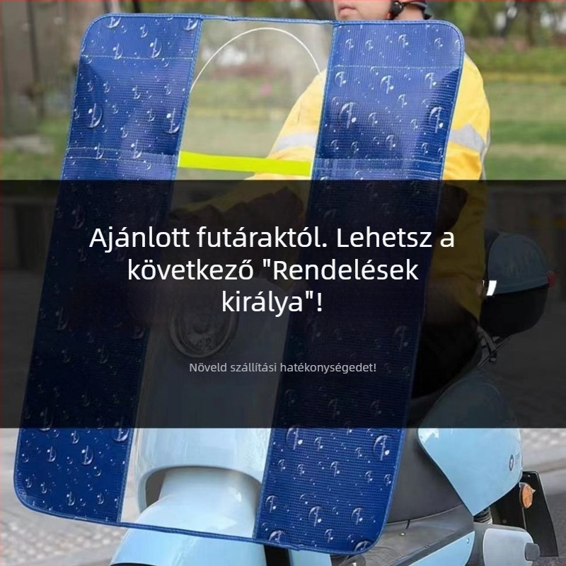 Elektromos motorkerékpár előtti szélvédő esővédő, HD átlátszó membrán, anyag: alumínium fólia + PVC, modell 001, tükrök közötti távolság legfeljebb 85 cm, napvédelem, összecsukható