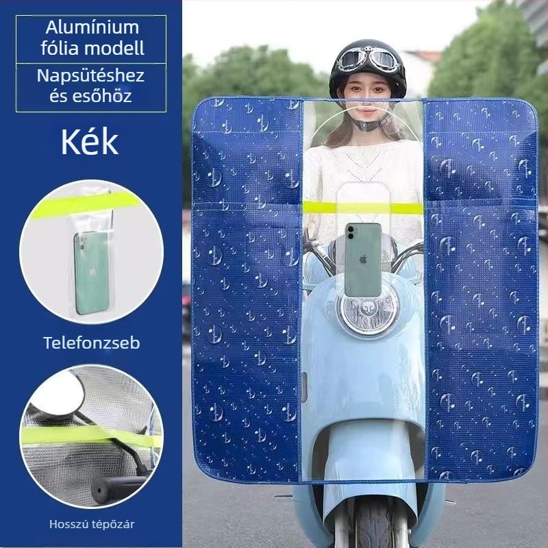 Elektromos motorkerékpár előtti szélvédő esővédő, HD átlátszó membrán, anyag: alumínium fólia + PVC, modell 001, tükrök közötti távolság legfeljebb 85 cm, napvédelem, összecsukható