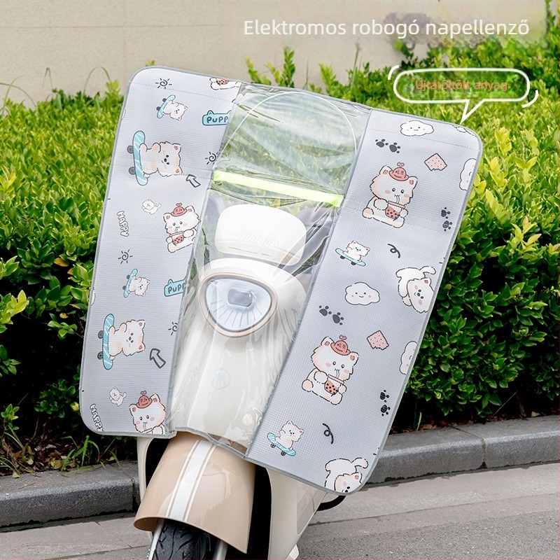 Elektromos motorkerékpár előtti szélvédő esővédő, HD átlátszó membrán, anyag: alumínium fólia + PVC, modell 001, tükrök közötti távolság legfeljebb 85 cm, napvédelem, összecsukható