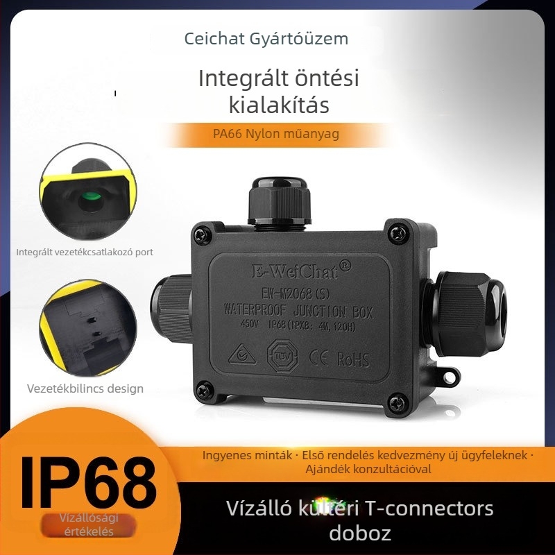 Kültéri LED vízálló osztó doboz, 1 bemenet, 2 kimenet, műanyag ház, modell EW-M2068(S)-3T