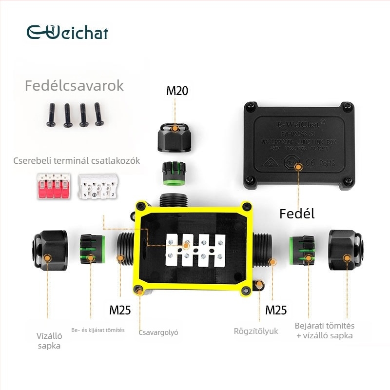 Kültéri LED vízálló osztó doboz, 1 bemenet, 2 kimenet, műanyag ház, modell EW-M2068(S)-3T