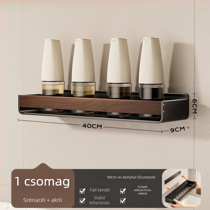 Bathboer Multifunkcionális konyhai fűszeres polc – szénacél + akril, falra szerelhető, fúrás nélküli, egyszerű és modern stílus