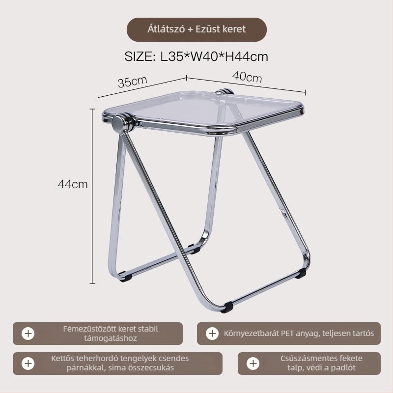 Összecsukható átlátszó akril oldalsó asztal fém vázzal, négyszögletes sarkokkal
