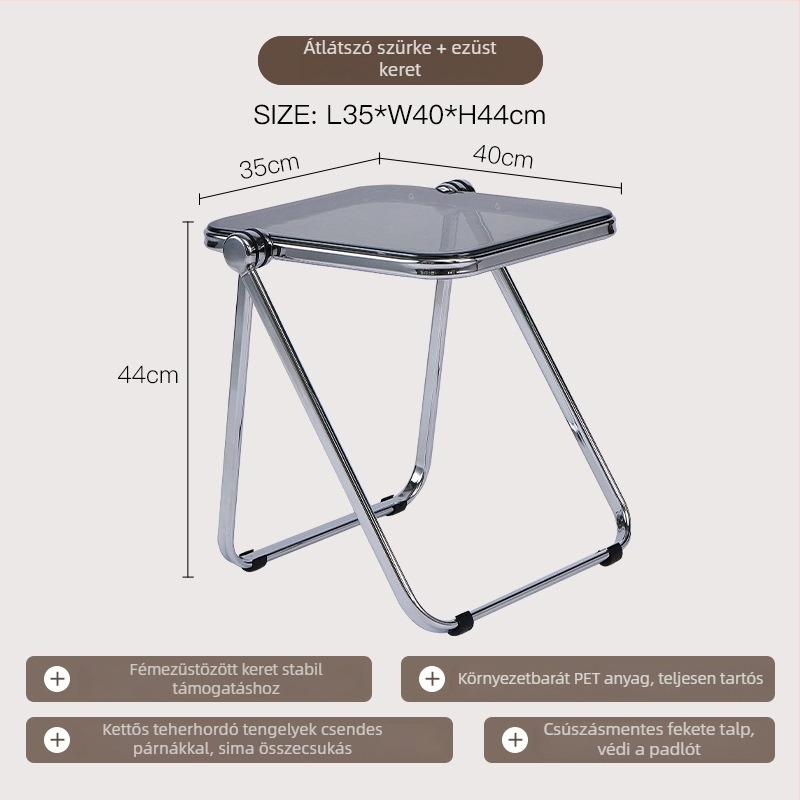 Összecsukható átlátszó akril oldalsó asztal fém vázzal, négyszögletes sarkokkal