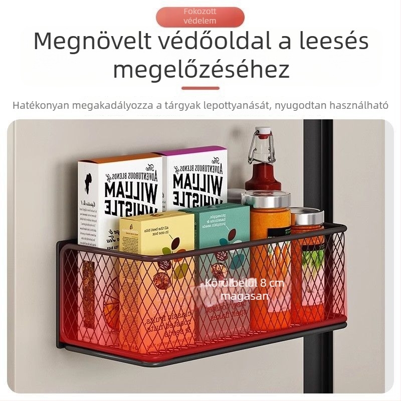 Konyhai tároló polc falra tapadó – 1 réteg, szénacél, mágneses fóliatartó és palacktároló