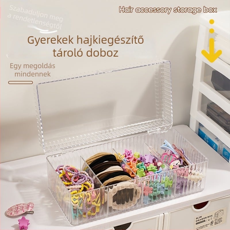 Hangge akril hajdísz tároló doboz, átlátszó négy rekeszes doboz fedővel, porálló, elválasztott belső, kapacitás 2 L