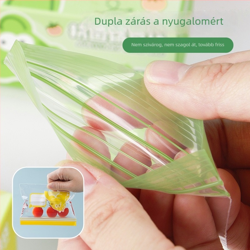 Élelmiszer-tárolásra szolgáló lezáró tasak, antibakteriális, élelmiszer-minőségű PE; Anyag: PE; Zárási hossz: 5–20 cm; Vastagság eltérés: ±0.1–0.3 mm; 36 db dobozban; Márka: Junyu.