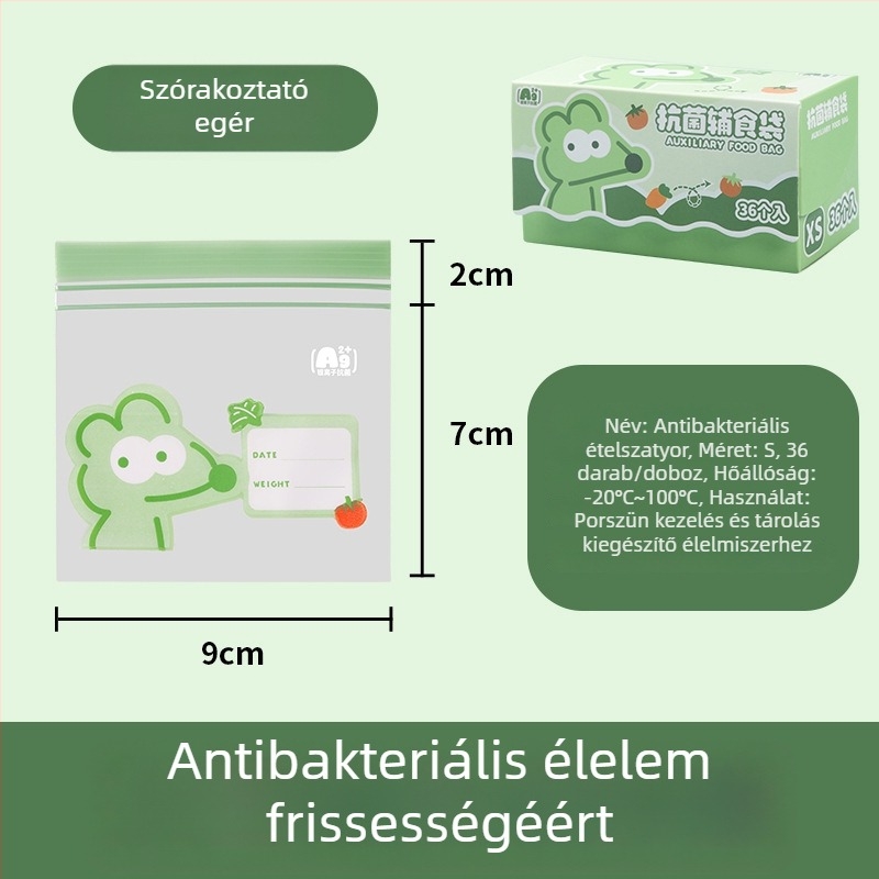 Élelmiszer-tárolásra szolgáló lezáró tasak, antibakteriális, élelmiszer-minőségű PE; Anyag: PE; Zárási hossz: 5–20 cm; Vastagság eltérés: ±0.1–0.3 mm; 36 db dobozban; Márka: Junyu.