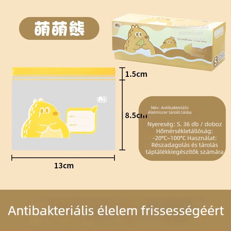 Élelmiszer-tárolásra szolgáló lezáró tasak, antibakteriális, élelmiszer-minőségű PE; Anyag: PE; Zárási hossz: 5–20 cm; Vastagság eltérés: ±0.1–0.3 mm; 36 db dobozban; Márka: Junyu.