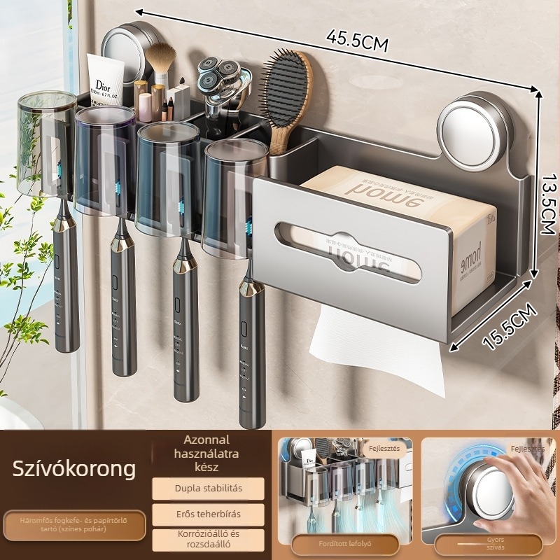 Baihan falra szerelhető fogkefetartó és szájvíz pohár tároló, két részes készlet, anyag: tér alumínium, felületkezelés: spray műanyag, stílus: modern egyszerűség