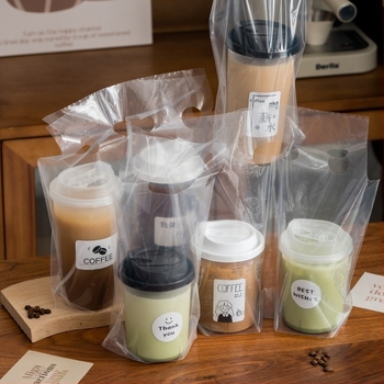 Egyszer használatos italrendeléshez való tasak, egy- vagy dupla pohárhoz, átlátszó, poliészter anyag, 50 darabos csomag pohár típusonként, tej-teához, kávéhoz, citromos teához és gyümölcsteához