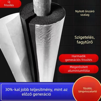 Öntapadós szigetelőcső-szegély vízvezetékekhez, gumiból és műanyagból, B2 osztályú tűzálló, hővezetés 0,03 W/mK, alkalmazás: mérnöki csővezetékek és klímatechnika