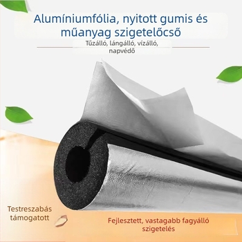 Öntapadós szigetelőcső-szegély vízvezetékekhez, gumiból és műanyagból, B2 osztályú tűzálló, hővezetés 0,03 W/mK, alkalmazás: mérnöki csővezetékek és klímatechnika