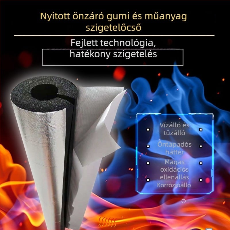 Öntapadós szigetelőcső-szegély vízvezetékekhez, gumiból és műanyagból, B2 osztályú tűzálló, hővezetés 0,03 W/mK, alkalmazás: mérnöki csővezetékek és klímatechnika