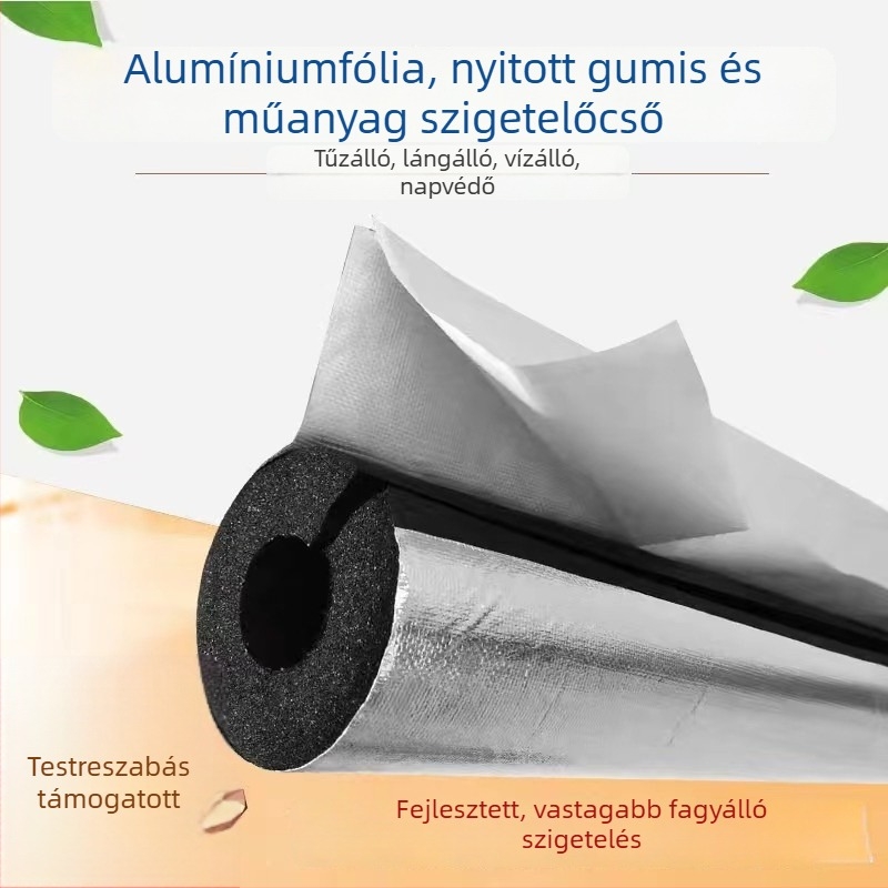 Öntapadós szigetelőcső-szegély vízvezetékekhez, gumiból és műanyagból, B2 osztályú tűzálló, hővezetés 0,03 W/mK, alkalmazás: mérnöki csővezetékek és klímatechnika