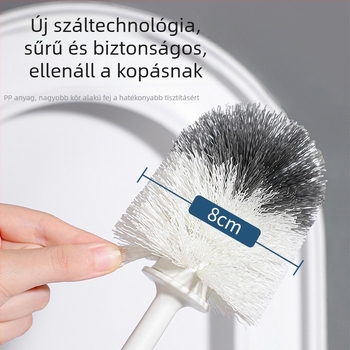 WC-kefe puha sörtéjű, gömbölyű fejű, falra szerelhető fröccsenés elleni kialakítás, hosszú nyél, alappal, műanyagból