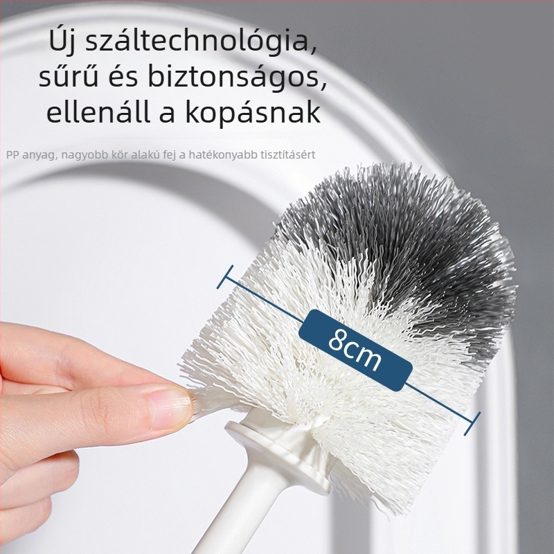 WC-kefe puha sörtéjű, gömbölyű fejű, falra szerelhető fröccsenés elleni kialakítás, hosszú nyél, alappal, műanyagból