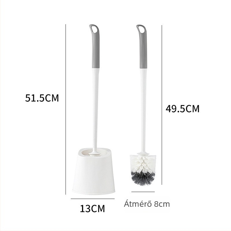 WC-kefe puha sörtéjű, gömbölyű fejű, falra szerelhető fröccsenés elleni kialakítás, hosszú nyél, alappal, műanyagból