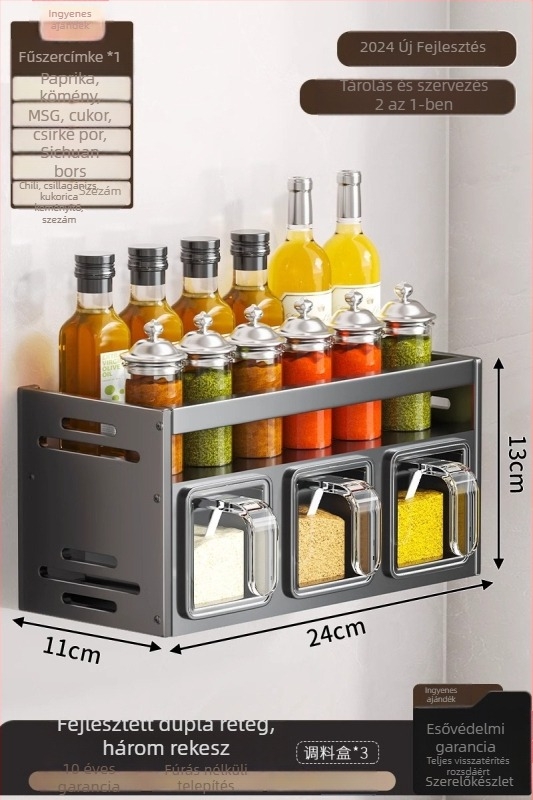 Fűszerrács, alumínium, falra szerelhető, fúrásmentes, multifunkcionális konyhai szervező