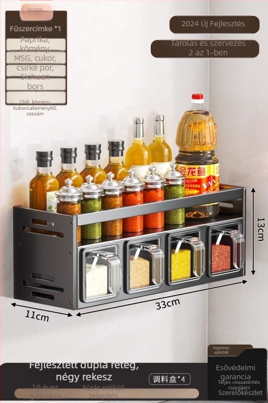 Fűszerrács, alumínium, falra szerelhető, fúrásmentes, multifunkcionális konyhai szervező