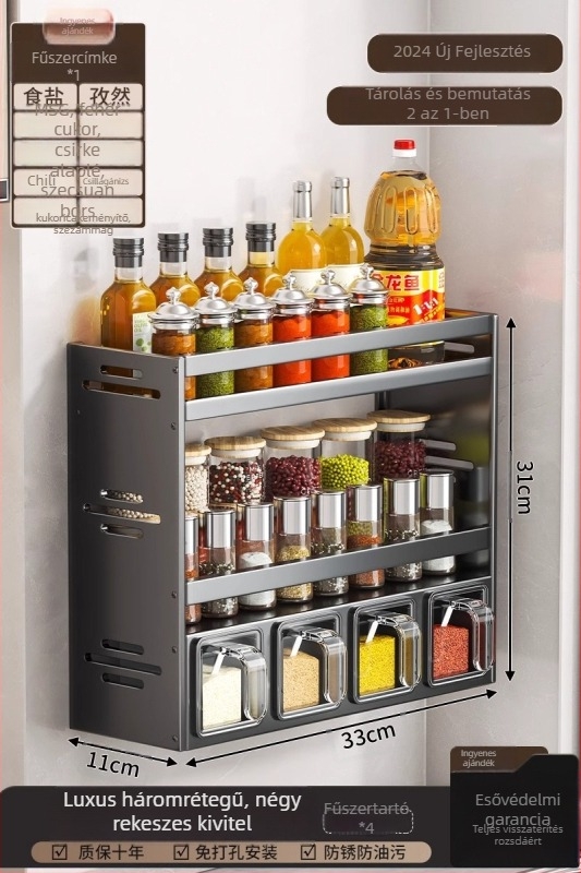 Fűszerrács, alumínium, falra szerelhető, fúrásmentes, multifunkcionális konyhai szervező