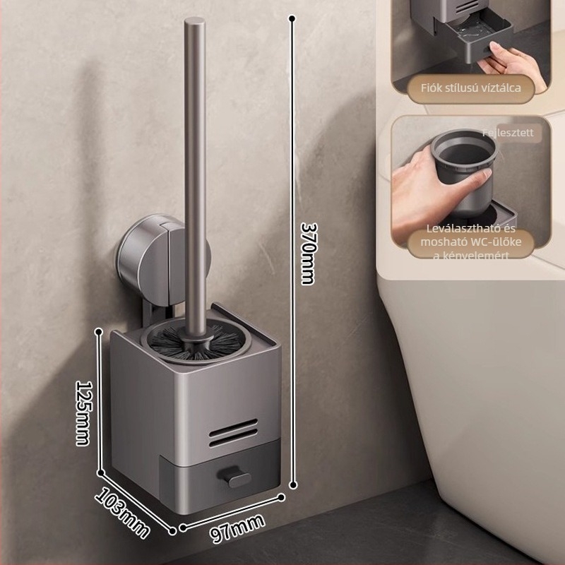 Xinyan Fürdőszoba: Falra szerelhető WC-kefe tartó vákuumos rögzítéssel és fürdőszobai tárolópolccal, teherbírás 20 kg, modell 001-M04-NB, felület műanyag spray bevonattal