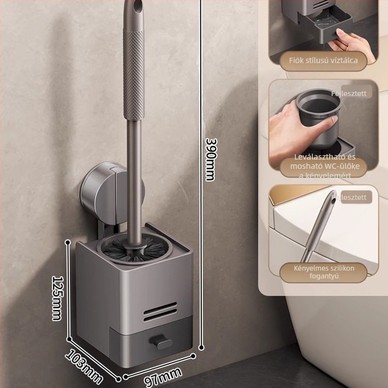 Xinyan Fürdőszoba: Falra szerelhető WC-kefe tartó vákuumos rögzítéssel és fürdőszobai tárolópolccal, teherbírás 20 kg, modell 001-M04-NB, felület műanyag spray bevonattal