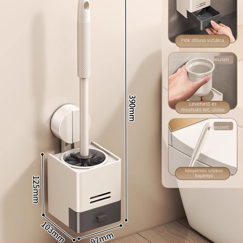 Xinyan Fürdőszoba: Falra szerelhető WC-kefe tartó vákuumos rögzítéssel és fürdőszobai tárolópolccal, teherbírás 20 kg, modell 001-M04-NB, felület műanyag spray bevonattal