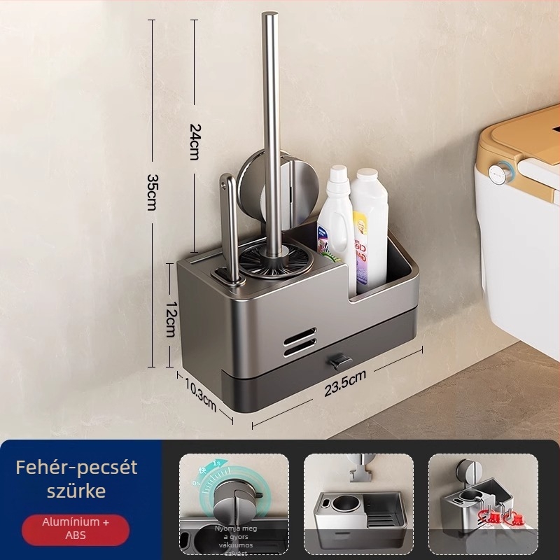 Xinyan Fürdőszoba: Falra szerelhető WC-kefe tartó vákuumos rögzítéssel és fürdőszobai tárolópolccal, teherbírás 20 kg, modell 001-M04-NB, felület műanyag spray bevonattal
