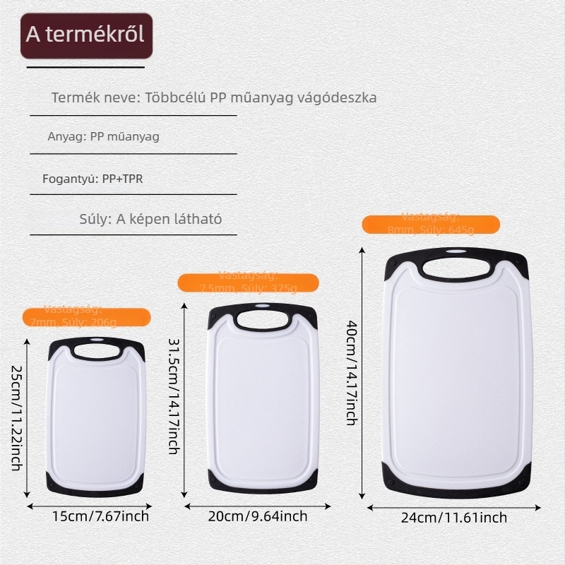 PP-plasztik vágódeszka készlet, három darabos, zöldségekhez, gyümölcsökhöz és húsokhoz, FDA