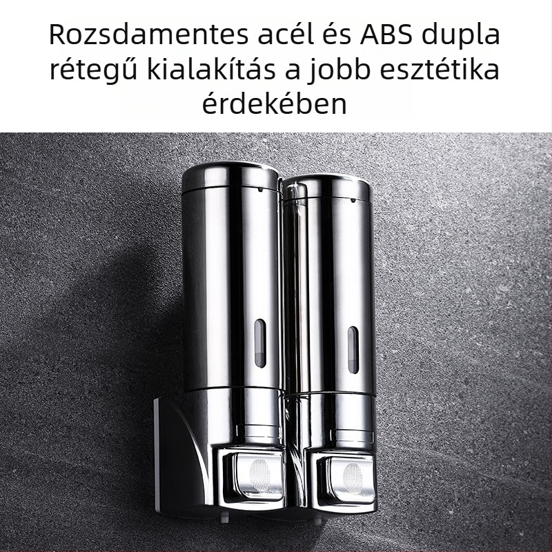 Falra szerelhető szappanadagoló rozsdamentes acél és műanyag, kézi nyomású működés, modern minimalista stílus, polírozott felület