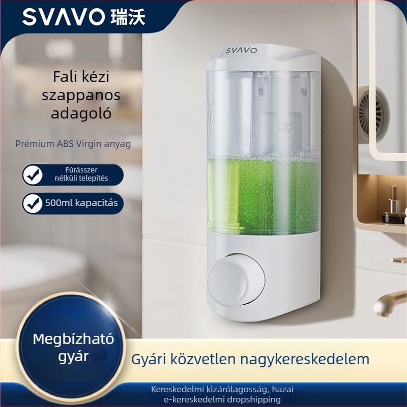 Fali szappanadagoló – ABS anyag, kézi nyomásos működés, fúrás nélküli szerelés, Márka Svavo/Ruwo