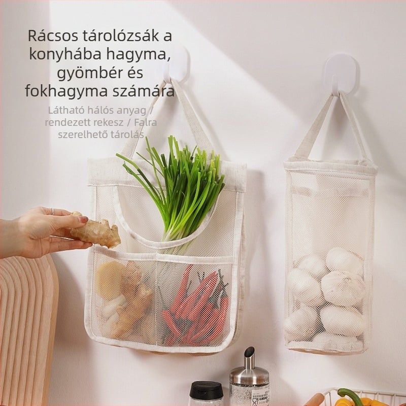 Fali hálós tároló táska, poliészter alapanyagból, konyhai tárolásra, egyszerű és modern sík dizájn, többfunkciós