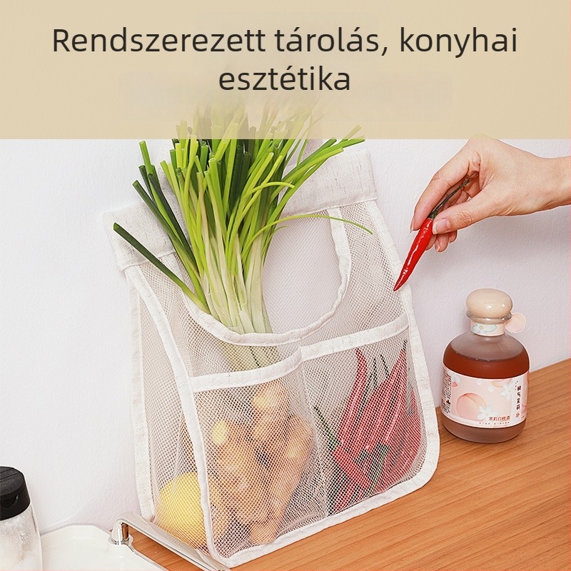 Fali hálós tároló táska, poliészter alapanyagból, konyhai tárolásra, egyszerű és modern sík dizájn, többfunkciós