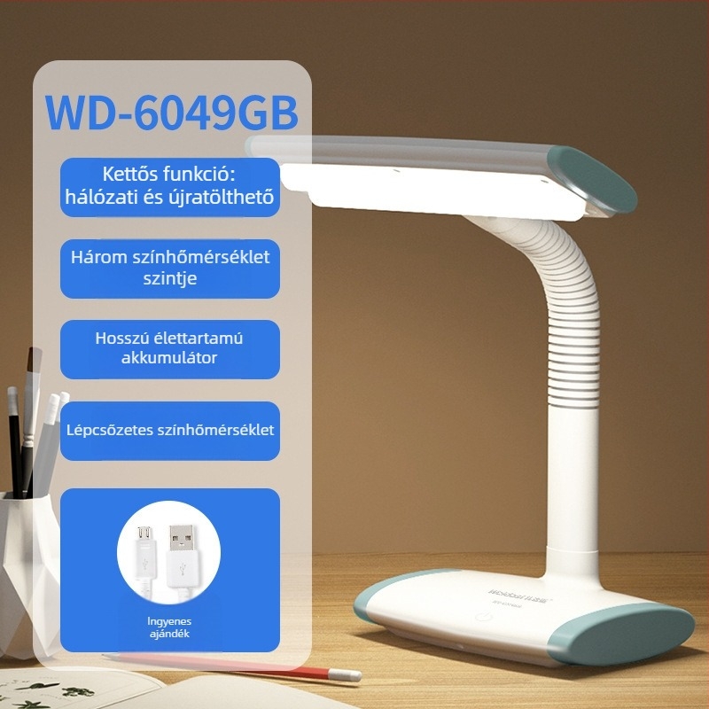 Tölthető LED asztali lámpa érintéses vezérléssel, összecsukható, beépített akkumulátor, Micro USB/Type-C csatlakozó