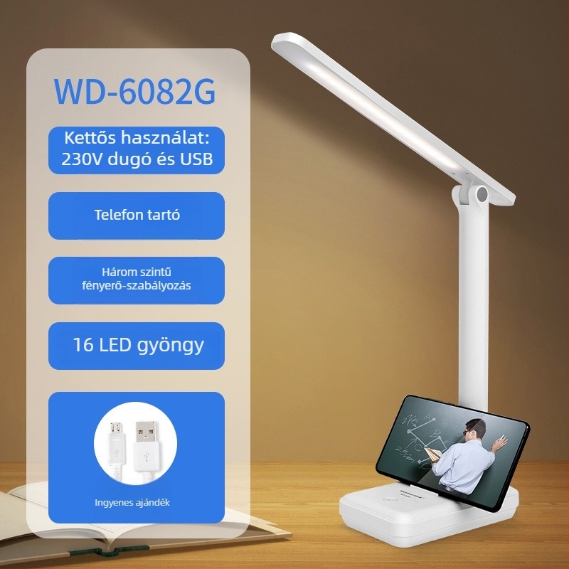 Tölthető LED asztali lámpa érintéses vezérléssel, összecsukható, beépített akkumulátor, Micro USB/Type-C csatlakozó