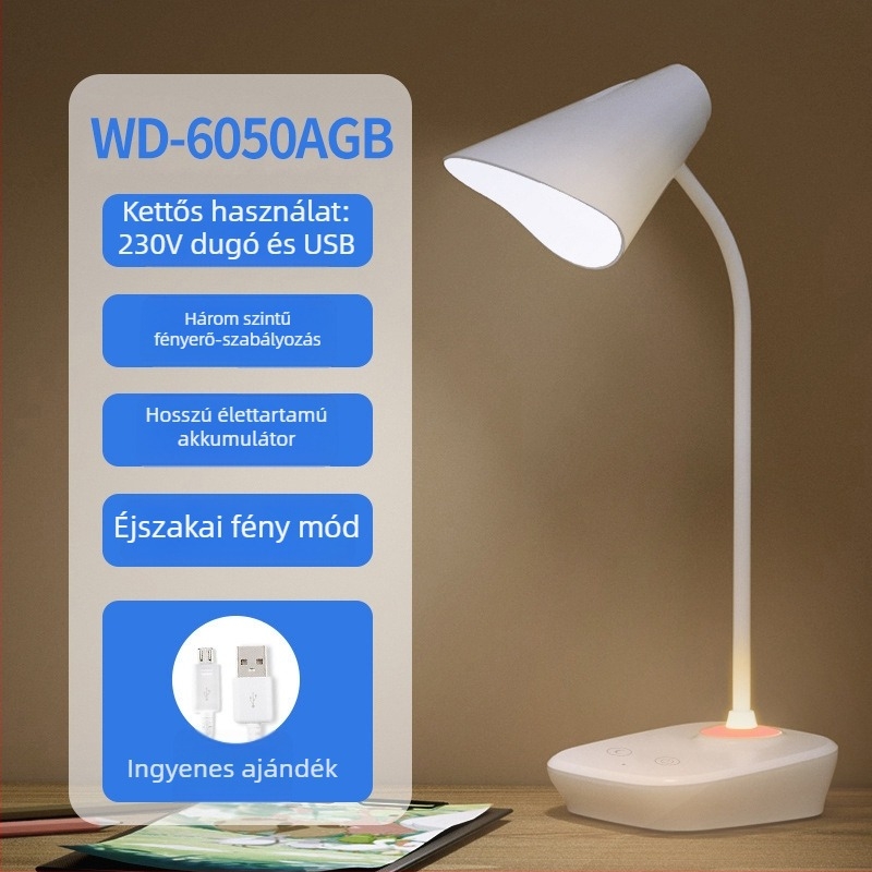 Tölthető LED asztali lámpa érintéses vezérléssel, összecsukható, beépített akkumulátor, Micro USB/Type-C csatlakozó