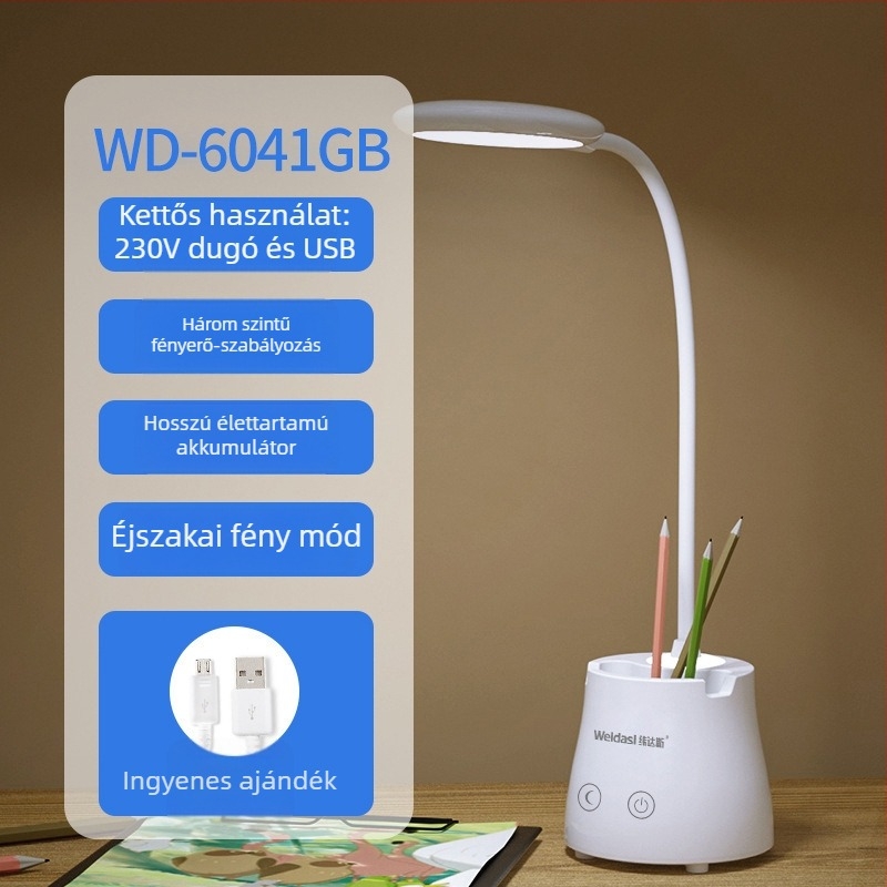 Tölthető LED asztali lámpa érintéses vezérléssel, összecsukható, beépített akkumulátor, Micro USB/Type-C csatlakozó
