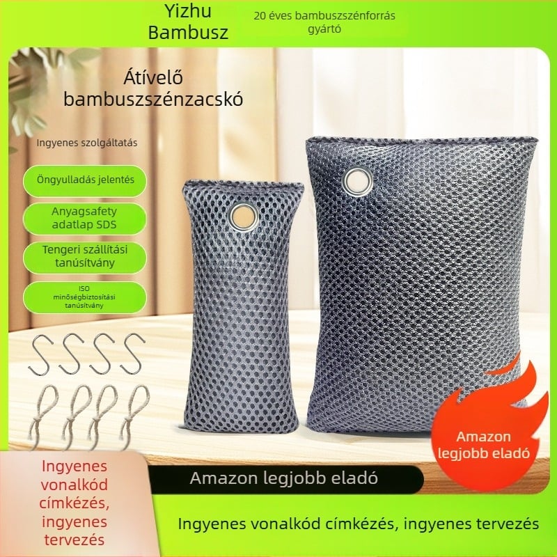 Bambuszszén zacskó formaldehid-eltávolításhoz, szekrényekhez és helyiségekhez, 75 g, bambuszszén illat