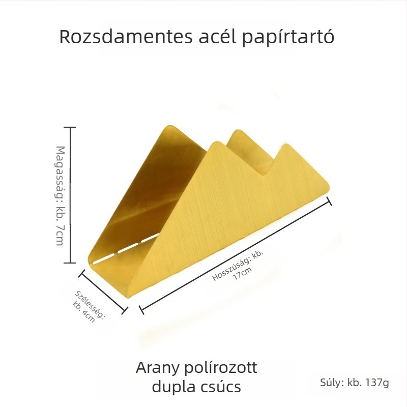 Szalvétatartó rozsdamentes acélból, tükörfényes felülettel, elektropácolt bevonattal, négyszögletes alak, dupla csúcs dizájn