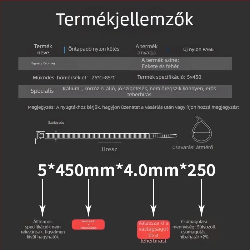 Nylon kábelköte, önzáró, CHCC, PA66, vastagság 1,1 mm, Zhejiang eredet