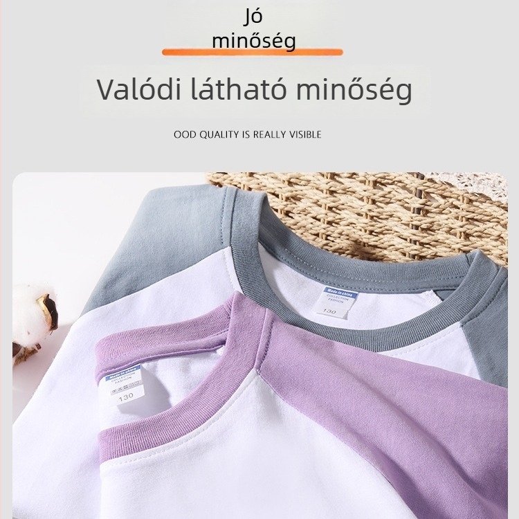 Raglán ujjú gyerekeknek pamut T-shirt, rövid ujjú, kerek nyakú, nyomtatott logó