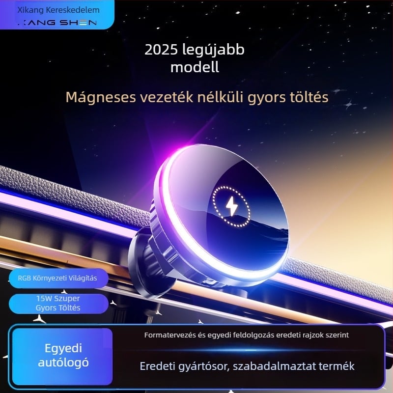 Mágneses vezeték nélküli autós telefontartó, 15W töltéssel, szellőzőnyílásra rögzítve (snap-on)