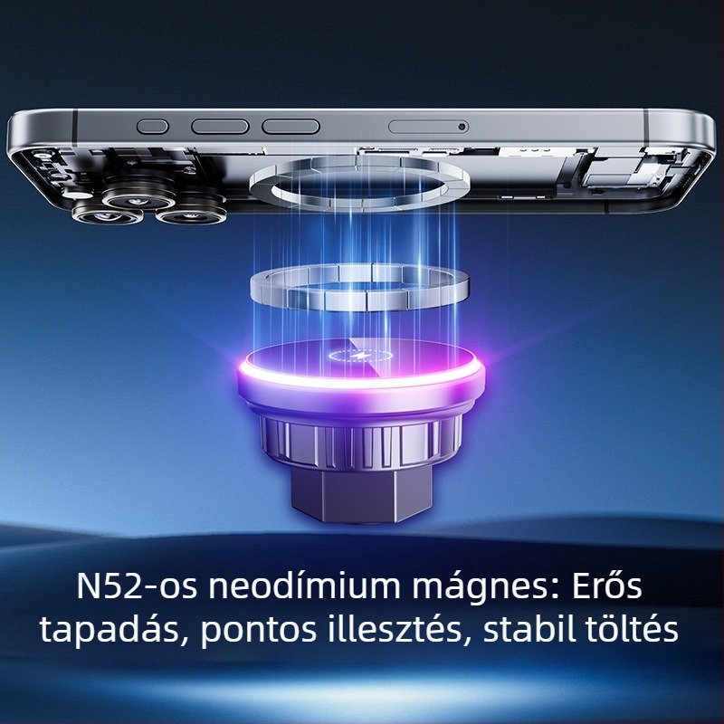 Mágneses vezeték nélküli autós telefontartó, 15W töltéssel, szellőzőnyílásra rögzítve (snap-on)