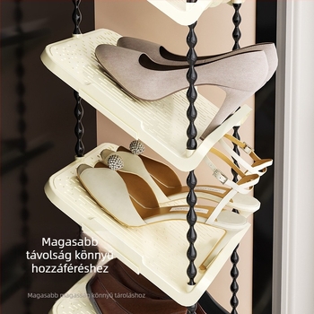 Dőlő cipőállvány, 6 szint, PP anyag, modern minimalista stílus, padlóra szerelés, alkalmas sportcipők, bakancsok és magas sarkú cipők