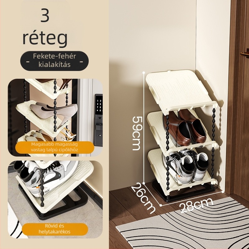 Dőlő cipőállvány, 6 szint, PP anyag, modern minimalista stílus, padlóra szerelés, alkalmas sportcipők, bakancsok és magas sarkú cipők