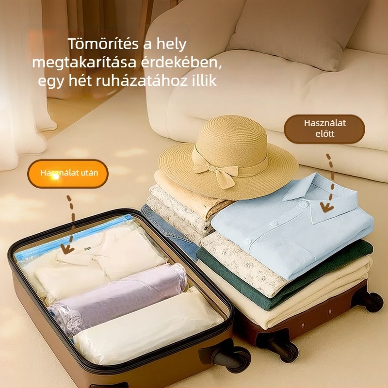 Utazáshoz készült kézi tekercs vákuum tömörítő zsák ruházathoz, pumpával, PET+PE anyag, 180 darab egy dobozban, 2022-ben piacra dobva