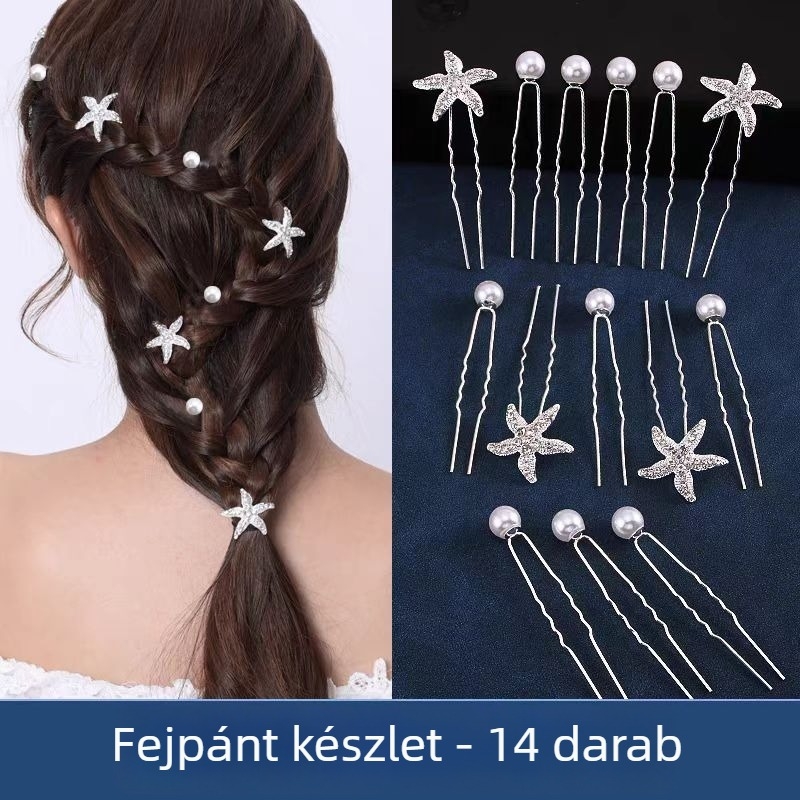 U alakú hajcsat gyöngyökkel és rhinestones-szal, tengeri csillag díszítéssel, fémet elektroplatolt felülettel