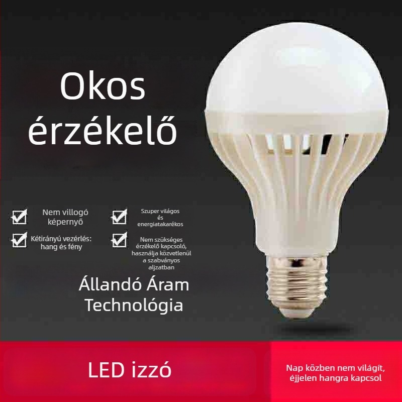 Hang- és fényvezérlésű LED izzó, 220V, 100 lm, 360° sugárzás, IP65, E27 foglalat